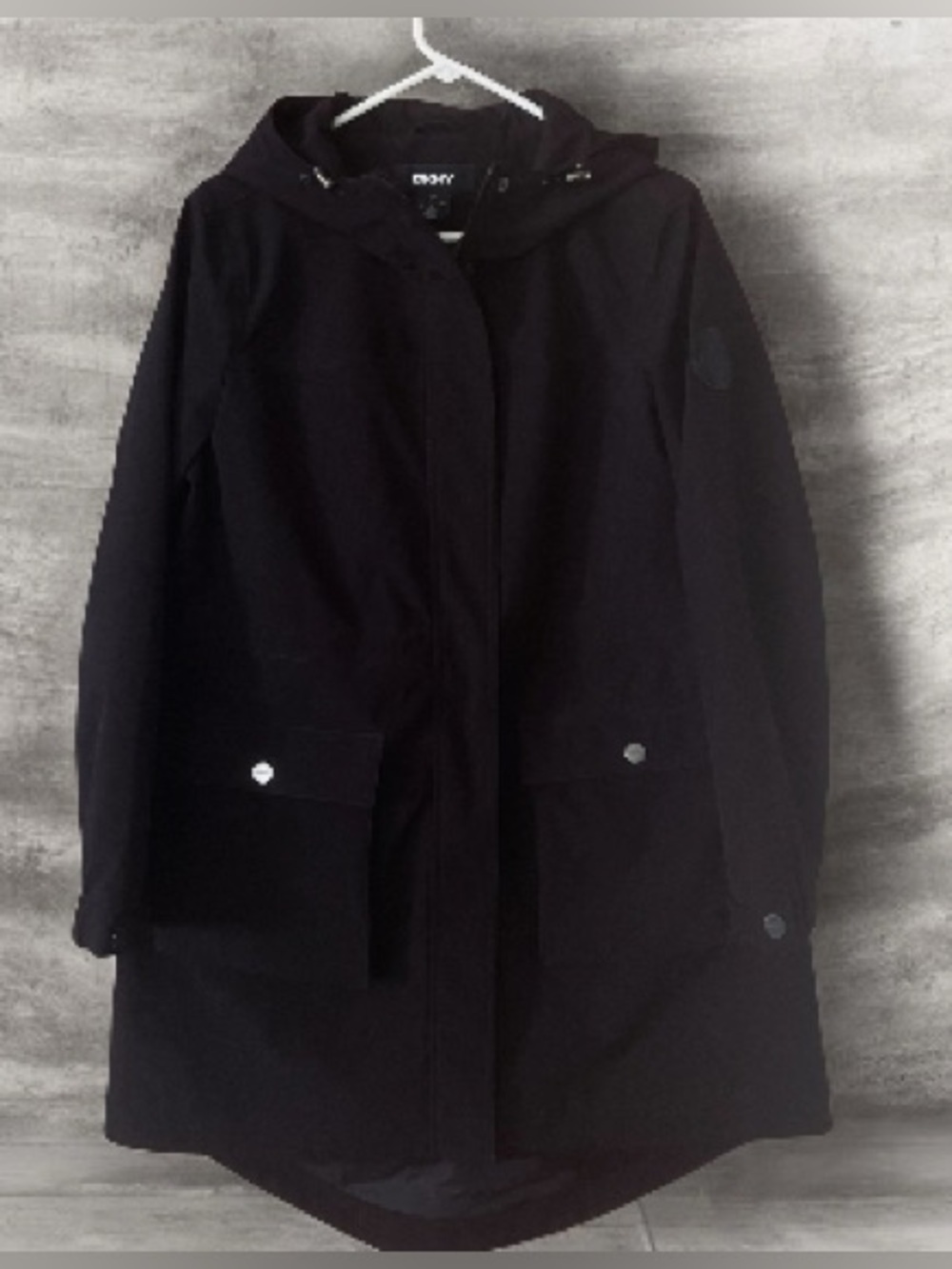 DKNY Black Hooded Rain Jacket Coat Women’s Lightweight Snap Zip Utility Size L